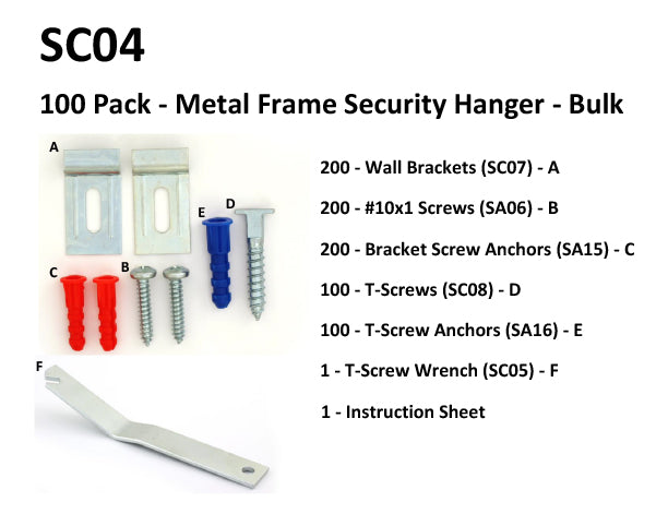 SC04 - 100 Pack - Metal Frame Security Hangers - Bulk