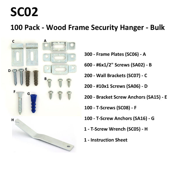 SC02 - 100 Pack - Wood Frame Security Hangers - Bulk